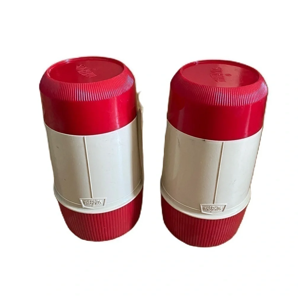 Vintage Thermos Vacuum Jar Bottle Set of 2 6202 Red Tan 1 Pint Wide Mouth